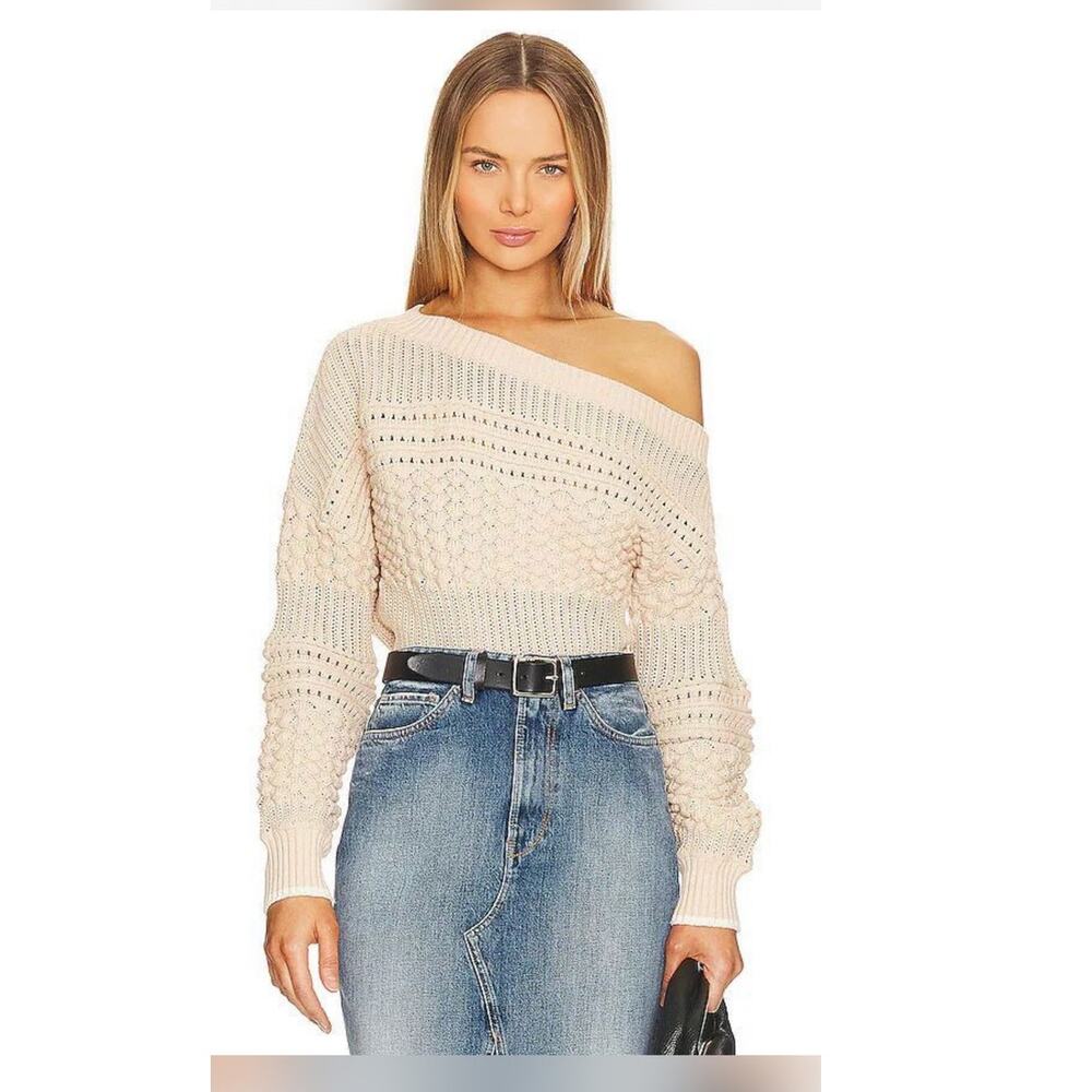 Tularosa Off Shoulder Pointelle Sweater in Nude XS taupe beige